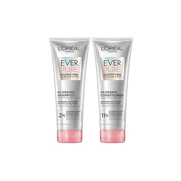 L'Oreal Paris Glossing Sulfate Free Shampoo and Conditioner Set with Glycolic Acid, Hair Care for Lasting Shine Smoothness Dull, Dry Hair, EverPure, 1 Kit