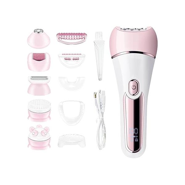 Epilator for Women, 6 in 1 Hair Removal Epilator, Shaver, Face Razor, Facial Brush, Massage and Body Exfoliator,IPX7 Waterproof Rechargeable Women (Pink)