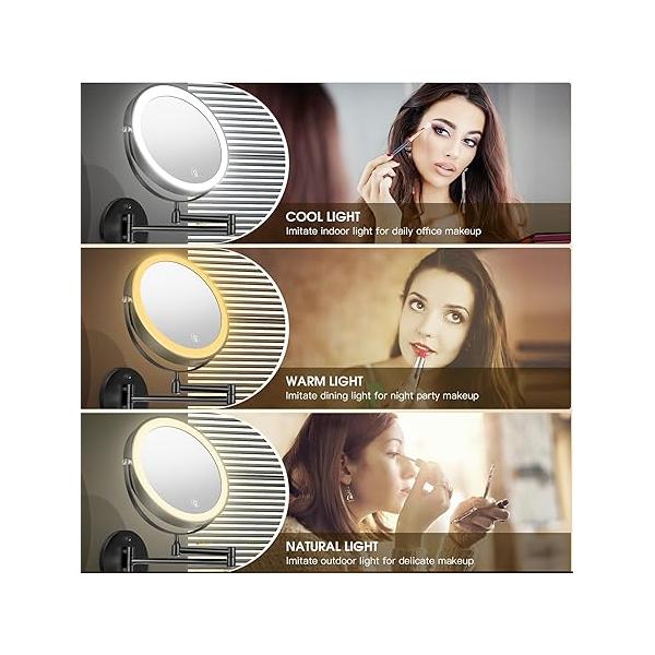 Wall Mounted Lighted Makeup Mirror, 8" Rechargeable Double-Sided Light up Magnifying Mirror 1x/10x, 3 Colors Led Vanity with Lights, Touch Dimmable 360° Rotation Foldable
