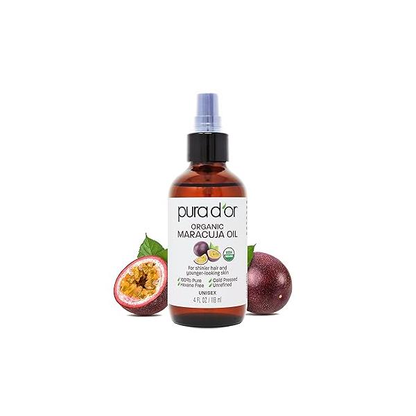 PURA D'OR 4 Oz Organic Maracuja Oil - Passion Fruit Seed 100% Pure USDA Certified Premium Grade Cold Pressed Body For Hair, Skin & Face Hydrating Therapy