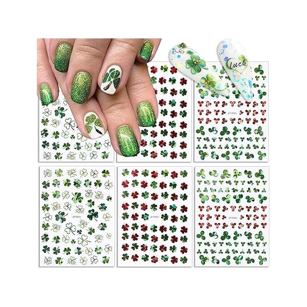 6 Sheets St. Patrick's Day Nail Art Stickers Luxury Laser Shamrocks Decals 3D Self-Adhesive Designs Green Shamrock Sticker Luck of The Irish Supplies Decoration for Women Girls