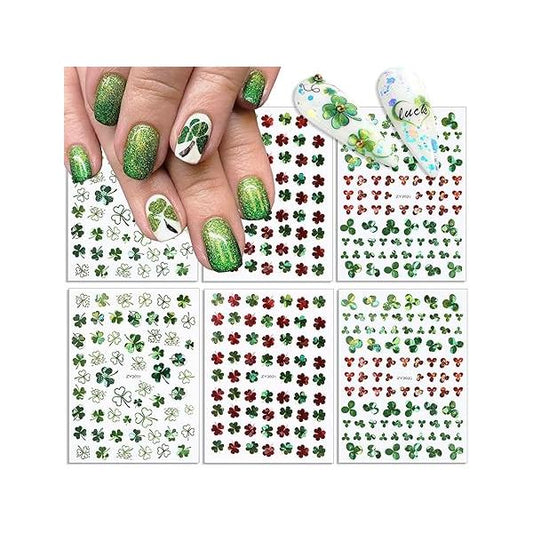 6 Sheets St. Patrick's Day Nail Art Stickers Luxury Laser Shamrocks Decals 3D Self-Adhesive Designs Green Shamrock Sticker Luck of The Irish Supplies Decoration for Women Girls