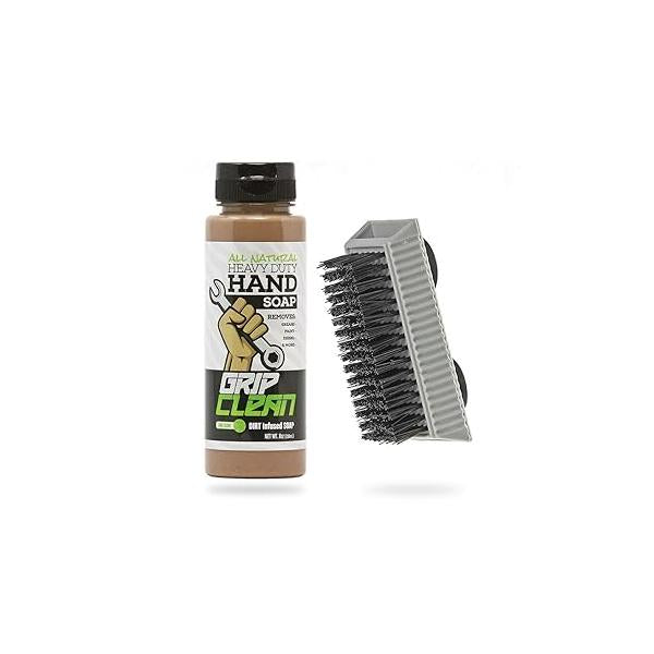 Grip Clean Squeeze Bottle & Brush Combo - Heavy-Duty Degreaser Hand Cleaner Nail Set Tackle Grease, Oil, Grime with Natural Pumice Soap Cleaning Scrub for Hands Nails
