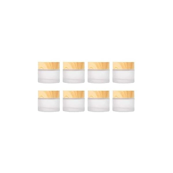 ConStore 8pcs Frosted Glass Cream Jar Bottle with Wood Grain Lid Refillable Mini Lotion Jars Empty Cosmetic Containers for Makeup Lip Balms Eyeshadow (10g)