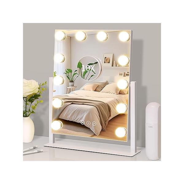 Vanity Mirror with Lights,Lighted 12 Dimmable Bulbs for Dressing Room & Bedroom,3 Color Lighting,Modes Detachable 10x Magnification 360°Ratation (White) 14.6" L x 17" W