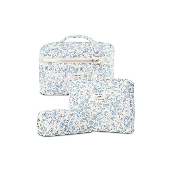 Makeup Bag, 3 PCS Quilted Cute Floral Cotton Cosmetic Bag set, Coquette Pouch Large Travel Toiletry