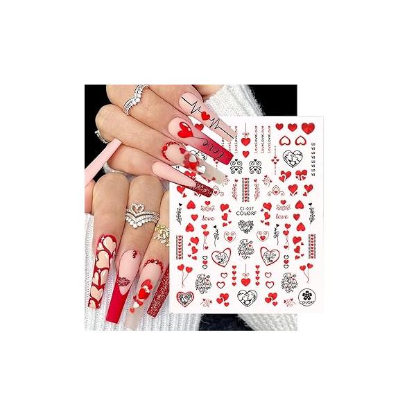 Valentine's Day Heart Nail Art Stickers Decals Acrylic White Laser Red Holographic Lover Romantic Lip Letter Slider Decoration Manicure Wedding Accessories for Women DIY Salon 9Sheets