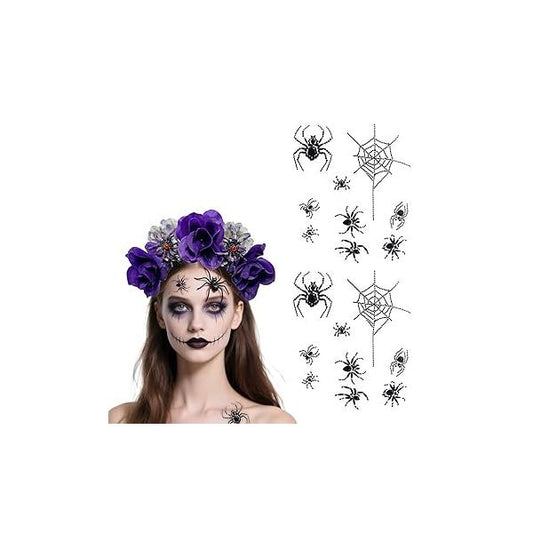 5D Spider Face Gems Jewels Tattoos for Halloween, Day of the Dead Crystal Stones Body Makeup Stickers (Large, Count, 2)