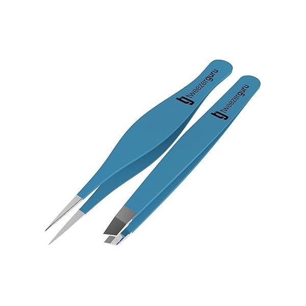 Tweezer Guru Ingrown Hair Tweezers - Pointed Precision for Eyebrows & Removal Blackhead and Splinter with Sharp Needle Nose Point (2 Piece Set, Black (Point+Slant))