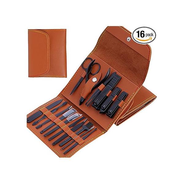 Professional Manicure Pedicure Set, 16 in 1 Stainless Steel Nail Clipper Set Personal Care Tools with Portable Leather Packaging Case, Premium Gift for Men Women