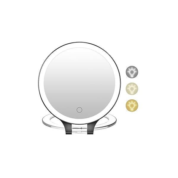 FASCINATE Magnifying Mirror 10X 1X Double Sided Magnification Makeup Vanity Rechargeable Lighted with 3 Color Setting Adjustable Rotation LED Desk