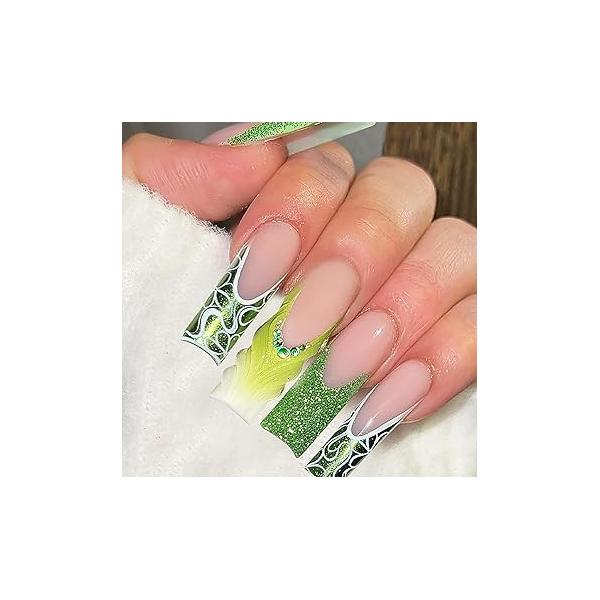 Long Coffin Press on Nails French Tip Green RIICFDD Fake 3D Water Ripple Designs Rhinestone Nail Charms Acrylic Full Cover Glue for Women and Girls Decoration 24 Pcs