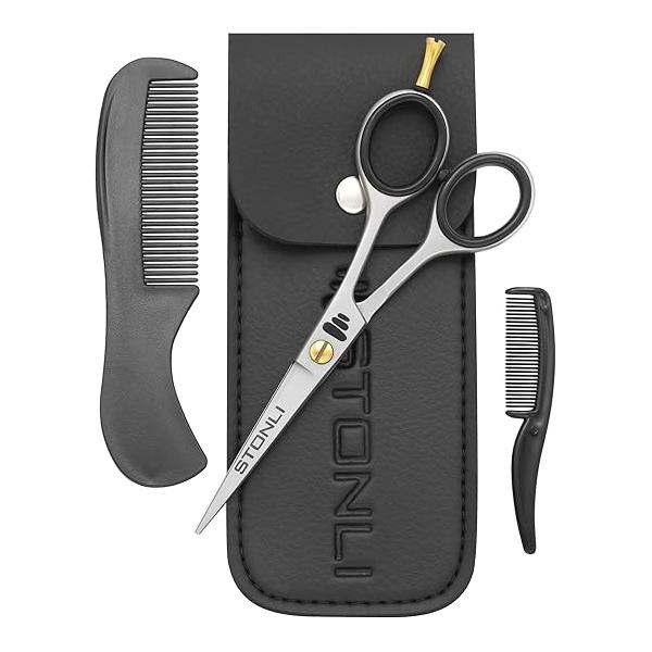 Professional 5’’Beard & Mustache Grooming Kit for Men - Precision Beard Scissors, Moustache Comb, Trimming Care Set with Leather Case (Black)