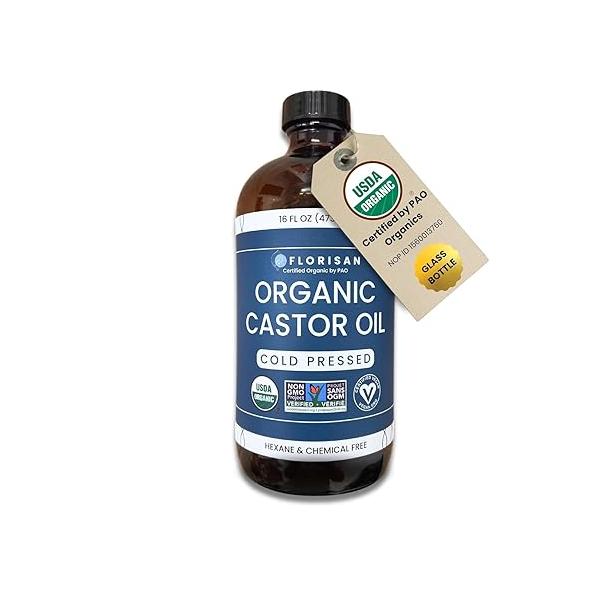 Florisan Organic Castor Oil, EWG Verified & USDA Certified, 16oz, Cold-Pressed, Hexane-Free, Non-GMO, For Hair, Skin, Lashes, Brows, 100% Pure Oil