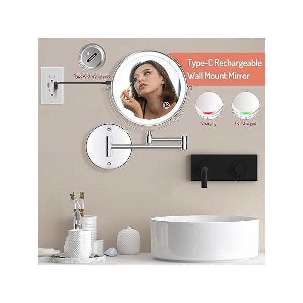 Rocollos Rechargeable Wall Mounted Lighted Makeup Mirror Chrome, 8 Inch Double-Sided LED Vanity 1X/10X Magnification,3 Color Lights Touch Screen Dimmable 360°Swivel 13 Extendable