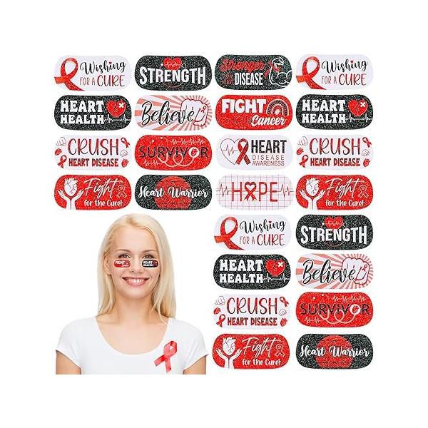 Landhoow 240 Pcs Red Ribbon Heart Health Awareness Face Tattoos Stickers Bulk Temporary Tattoo Glitter Eye Body and Decals for Cancer Party Supply