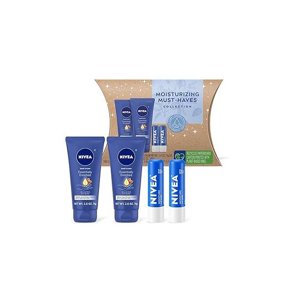 NIVEA Moisturizing Must-Haves Skin Care Set, Essentially Enriched Hand Cream with Almond Oil and Shea Butter, 2.6 Oz Tube (Pack of 2) + Moisture Lip Balm, 0.17 Stick