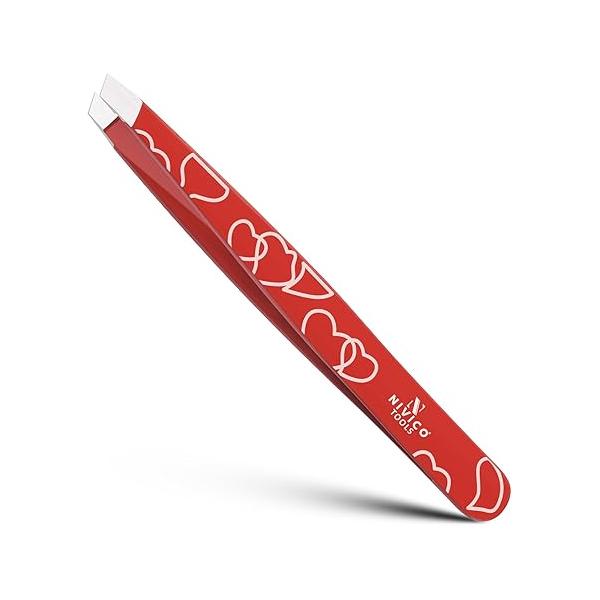 NIVICO Eyebrow Tweezer Hair Removal, Slant Stainless Steel 9.5cm Ingrown Facial Tweezers for Men And Women (Red Coated)