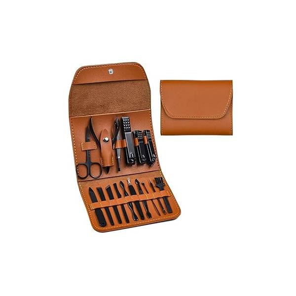 Manicure Set, Pedicure Kit, Nail Clippers, 16 in 1 Professional Grooming Kit Stainless Steel, Toenail Tools with Luxurious Brown Leather Travel Case for Men Women Upgraded Version
