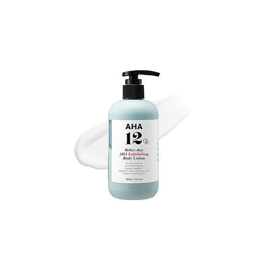 AHA 12% Body Lotion, Korean Cream, Exfoliating & Rejuvenating Formula with Glycolic Acid and Hyaluronic Acid. Unscented, Paraben Free. 10.6 Oz