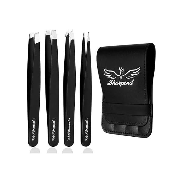 Sharpend Tweezer Set 4 Pieces - Professional Stainless Steel Tweezers Slant Tip for Eyebrows Precision tweezers Facial Hair,Splinter and Ingrown Hair Women & Men