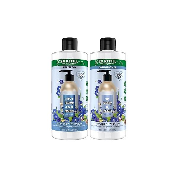 Love Beauty And Planet Shampoo and Conditioner, Coconut Oil & Vegan Collagen, Ultra Deep Hydration - Sulfate-Free Conditioner for Damaged, Dry Hair, Scented, Refill, (2 Piece Set)