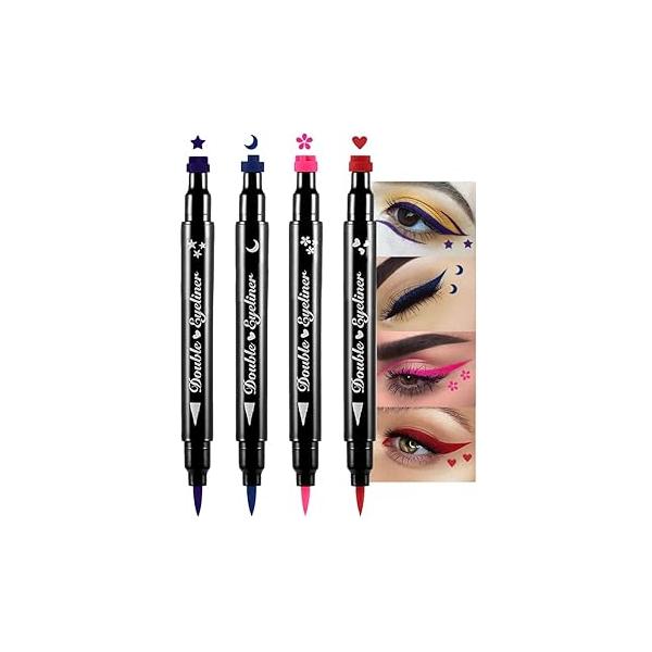 evpct 7Pcs Colored liquid Eye Liners Face Stamp Cosplay Gothic Makeup Set Kit for Beginners, Black Brown Purple Blue Red Pink Green Star Flowers Heart Moon Triangle Lightning Butterfly Stamps Eyeliner