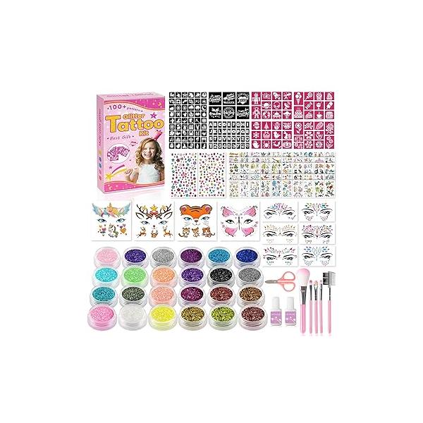 Temporary Glitter Tattoos for Kids,24 Colors,141 Stencils,9 Face Gems,4 Tattoo Stickers,2 Diamond Stickers,60 Glue,5 Brushes,Girls&Boys Birthday Gift Christmas Gifts