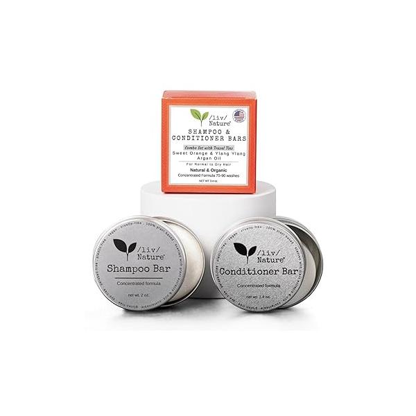 Shampoo Bar and Conditioner Set with Travel Case | Volume Moisture for Dry Hair Orange, Ylang Ylang, Argan Oil Made in USA 2-pk