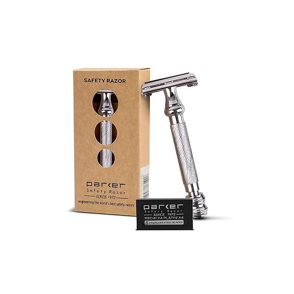 Parker 99R Chrome Long Handle Heavyweight Butterfly Open Double Edge Safety Razor for Men, 5 Premium Platinum Blades Included