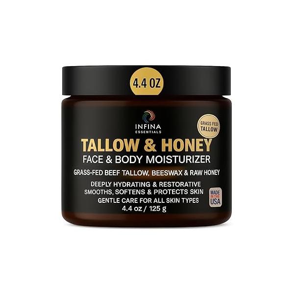 Tallow Face Moisturizer & Body Cream - Daily with Grass-Fed Beef Tallow, Raw Honey, Shea Butter Hydrating for Dry Skin, Hands, Feet 4.4 oz