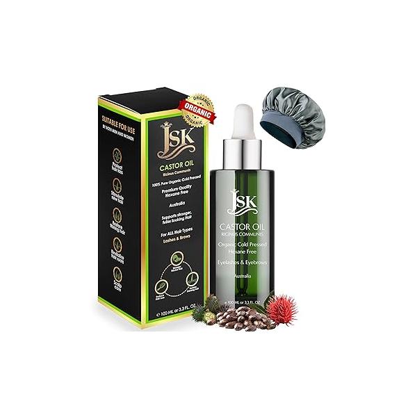 JSK Organic Castor Oil for Hair Growth, Eyelash Serum, USDA Certified Cold-Pressed Unrefined Oil, 100% Pure Hexane-Free, 3.3 Oz Glass Bottle with Bonus Silk Bonnet