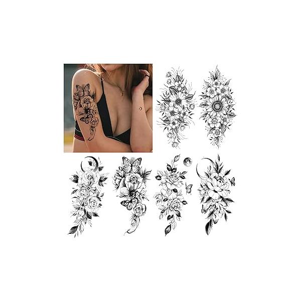Celaza 15 Sheets Large Temporary Tattoos for Women, Black Henna Flower Rose Tattoo Stickers Adult, Long Lasting Fake Semi Permanent Body Leg
