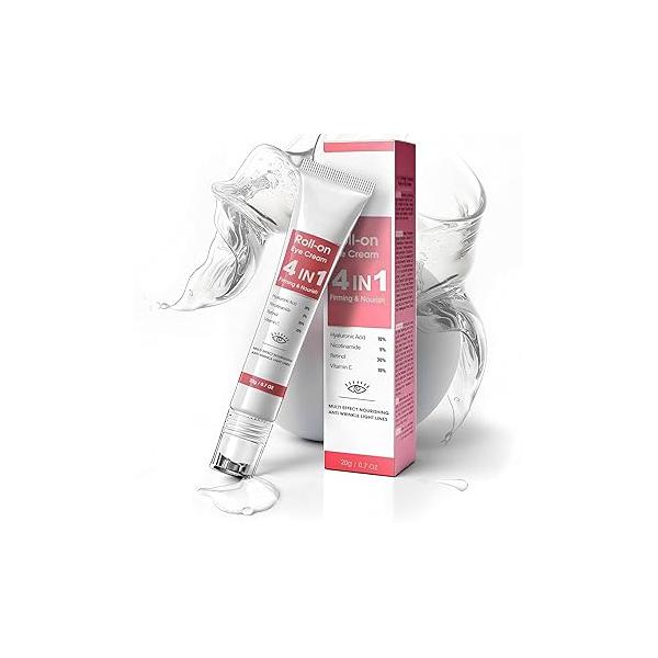 Eye Cream with 10% Hyaluronic Acid, 5% Nicotinamide, 30% Retinol, Vitamin C for Puffy Bags Fine Lines Dark Circles Wrinkles, Under 360° Roller Massage Ball, 0.7 fl. oz