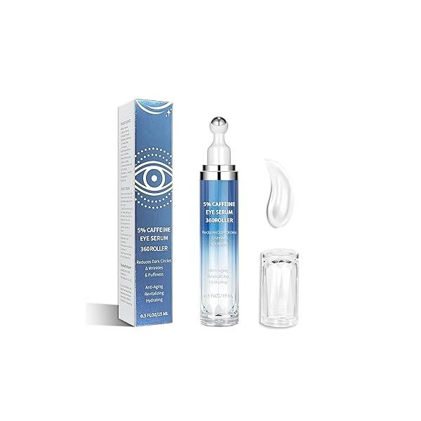 Eye Serum with 5% Caffeine & Retinol - Under Cream Hyaluronic Acid, Niacinamide Peptides for Dark Circles, Puffiness Fine Lines 360° Massage Roller Ball, 0.5 fl. oz