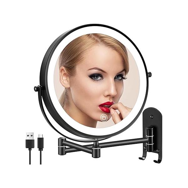 DECLUTTR 9" Wall Mounted Lighted Makeup Mirror, Rechargeable Double Sided 1X/10X Magnifying Mirror with 3 Color Lights, Dimmable 360°Swivel Vanity Hook for Bathroom, Black