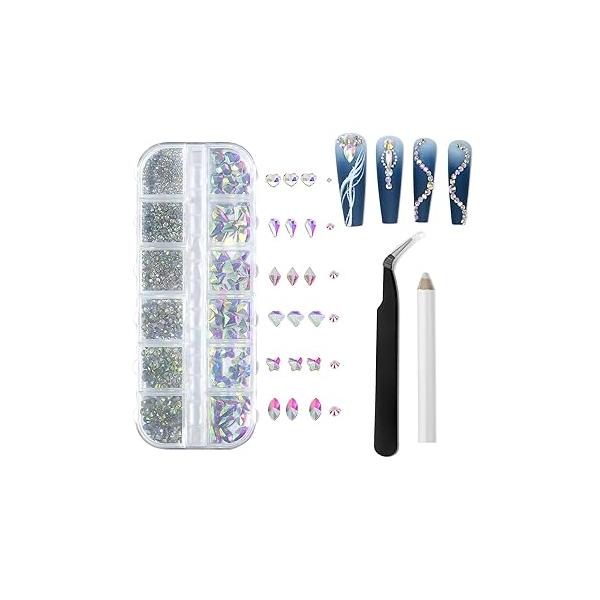 YATOJUZI Rhinestones for Nails kit Crystal Ab Gems Flatback Irregular Round Rhinestone with Pick Up Tweezers and Pen Nail Charms Jewels Art DIY Decor Face Body Makeup Party Concerts 1440pcs