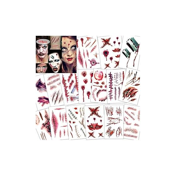Konsait 120pcs Scars Tattoos, Bleeding Wound Temporary Tattoo, Zombie Vampire Makeup Bite Waterproof Fake Blood Tattoo for Kids, Women, Men Halloween Party Cosplay Costume