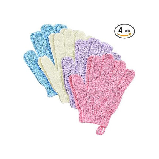 4 Pairs Body Exfoliating Gloves for Shower, Bath Scrub Wash Mitt Women, Men, Spa, Massage (Pink, Purple, Blue, Beige)