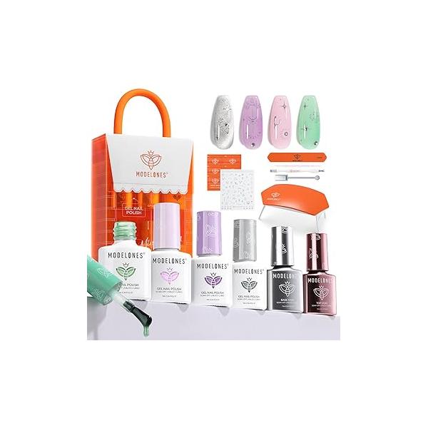 modelones Gel Nail Polish Kit with U V Light, 4 Colors Mini Salon, Base&Top Coat and Stickers, Milky White Nude Pink Glitter Fall Manicure Set, DIY Home Art Decoration Kit, Gift for Women