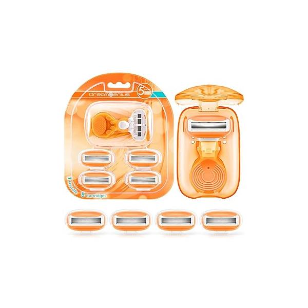 DreamGenius Travel Razors for Women Include 1 Handle and 5 Cartridges, Extra Smooth 5-Blade Essentials Razor with Case Shaving, Orange