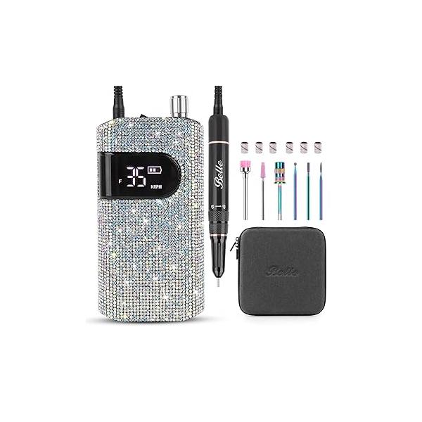 Belle Professional Nail Drill Machine - 35000RPM Brushless Motor Electric File for Acrylic/Gel Nails, Portable E-File with 6 Bits & Sanding Bands, Salon Home Use Manicure Pedicure Kit