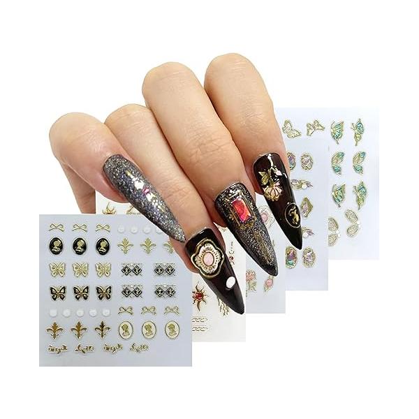 Gold Nail Art Stickers 5D Embossed Decals for Gel Polish, Series Multi-Design Combination Women Manicure Decoration