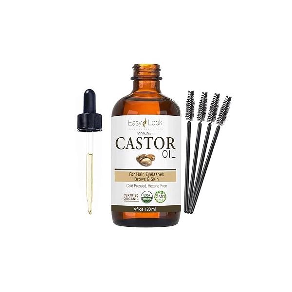 Castor Oil 4oz, USDA Certified Organic 100% Pure, Stimulate Growth for Eyelashes, Eyebrows, Hair. Skin Moisturizer & Hair Treatment Starter Kit