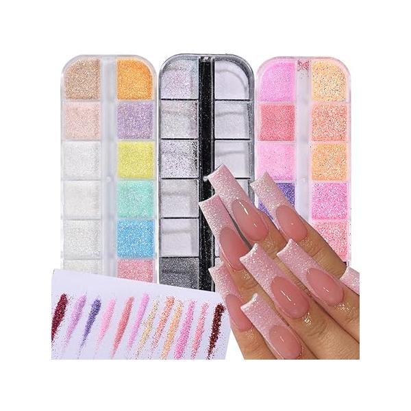 Sugar Glitter Powder for Nails - 36 Colors Iridescent Nail Art Coating Effect Dazzling Dipping Loose White Rainbow Decorations DIY Dust Manicure 3Boxes