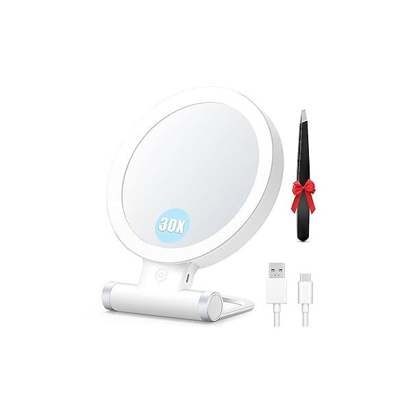 MIYADIVA 20X Magnifying Mirror with Light, Travel Mirror, 1X/20X Vanity Adjustable Handle Makeup Touch Switch Light up for Plucking Eyebrows