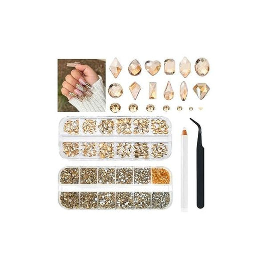 4080Pcs Champagne Gold Nail Rhinestones Multi Shapes Crystal Golden Flatback Gems Round Beads K9 Glass Stones Diamonds jewels Art Charms for Face Eyes Makeup DIY Crafts Clothes