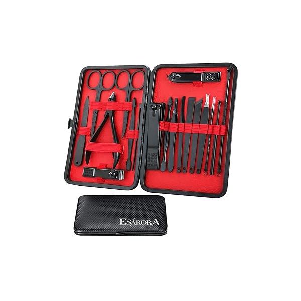 Manicure Set, ESARORA 18 In 1 Stainless Steel Professional Pedicure Kit Nail Scissors Grooming with Black Leather Travel Case