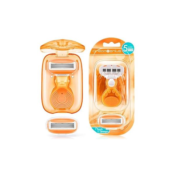 DreamGenius Travel Razors for Women, Size Toiletries Include 1 Handle and 2 Cartridges, Extra Smooth 5-Blade Essentials Razor with Case Shaving, Pink