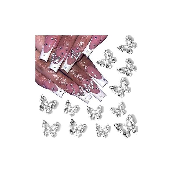 RODAKY 3D Alloy Butterfly Nail Art Charms - 12PCS Silver Butterflies With Gems and Rhinestones for Decoration